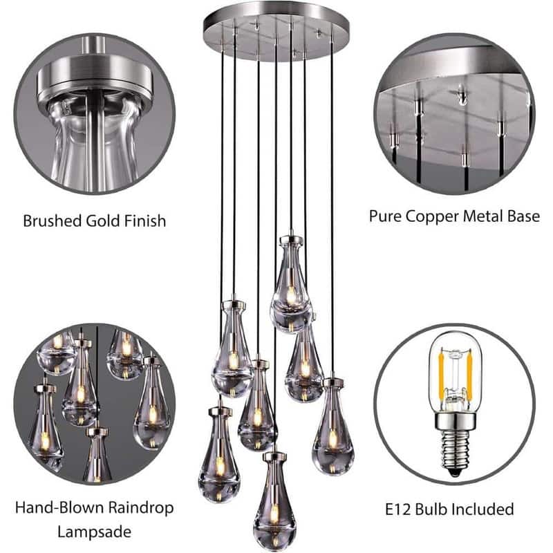 KAYLA Farmhouse Chandelier for Staircase, Foyer, Glass Pendant Light Fixture for Kitchen Island (Bulb Included)