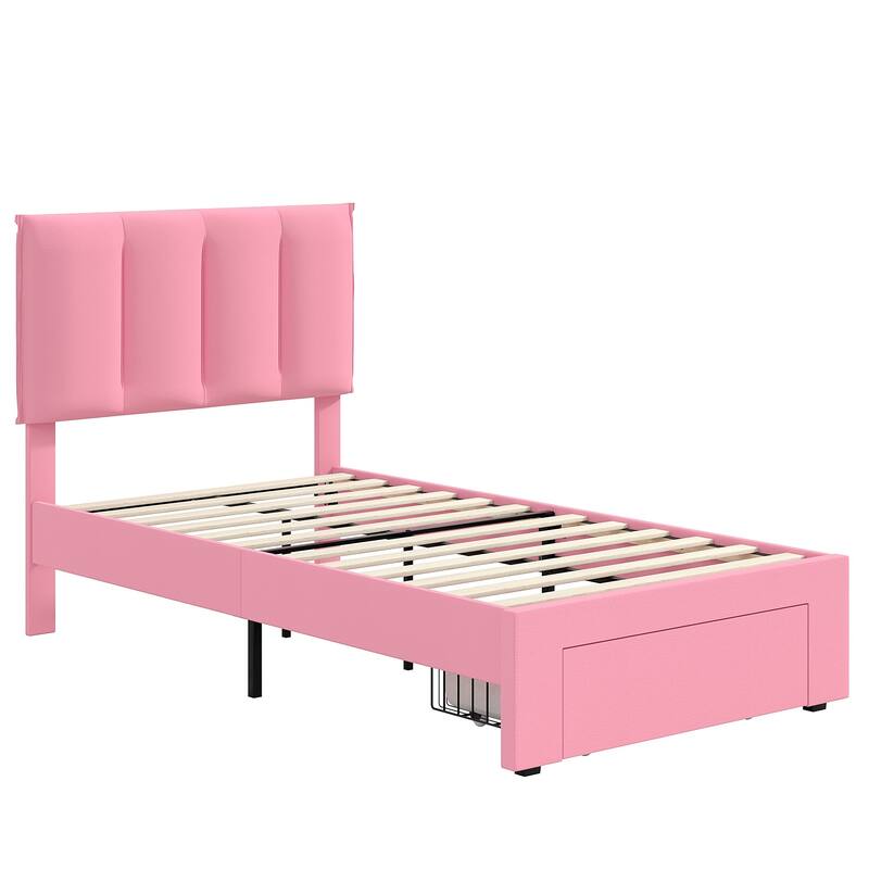 Pink Bed Frame with 4 Storage Drawers, Upholstered Platform Bed Frame with Adjustable Headboard