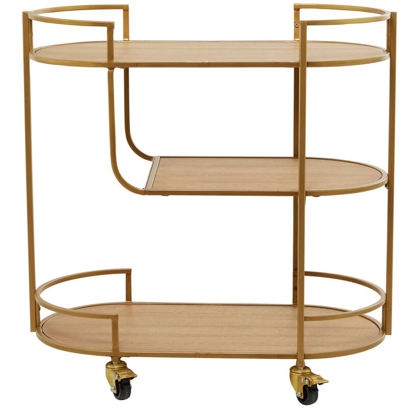 Gold Wood Rolling 3 Shelves Bar Cart with Handles