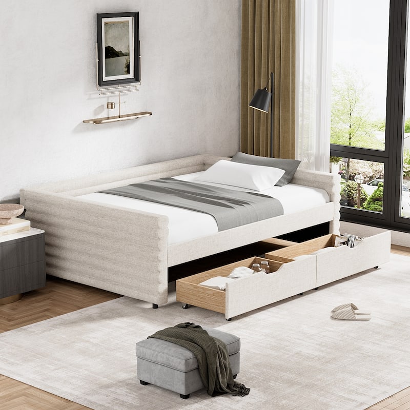 Ouyessir Modern Upholstered Tufted Daybed with Trundle & Drawers