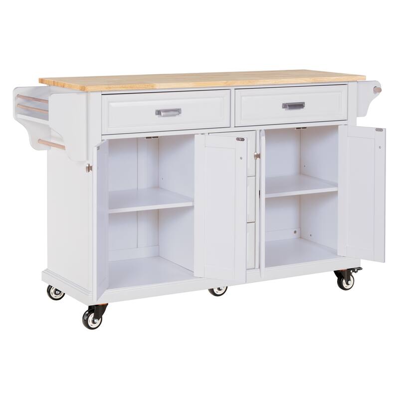 Kitchen Island with Rubber wood Countertop, Kitchen Cart on 5 Wheels with Storage Cabinet and 5 Drawers for Dinning Room