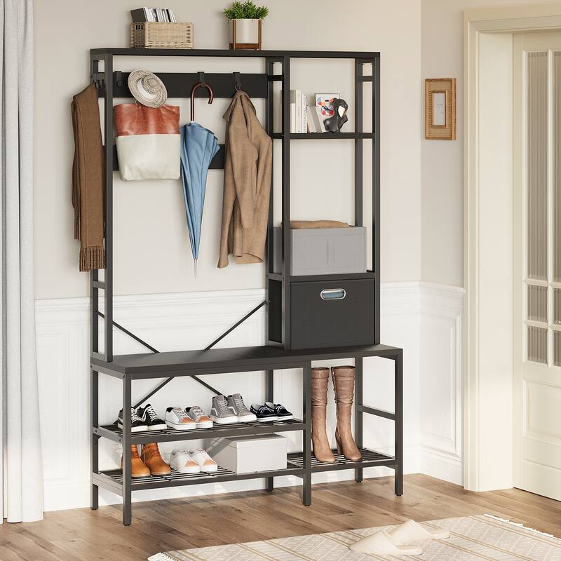 Futzca Hall Tree with Bench Shoe Storage - Black - 71" No LED