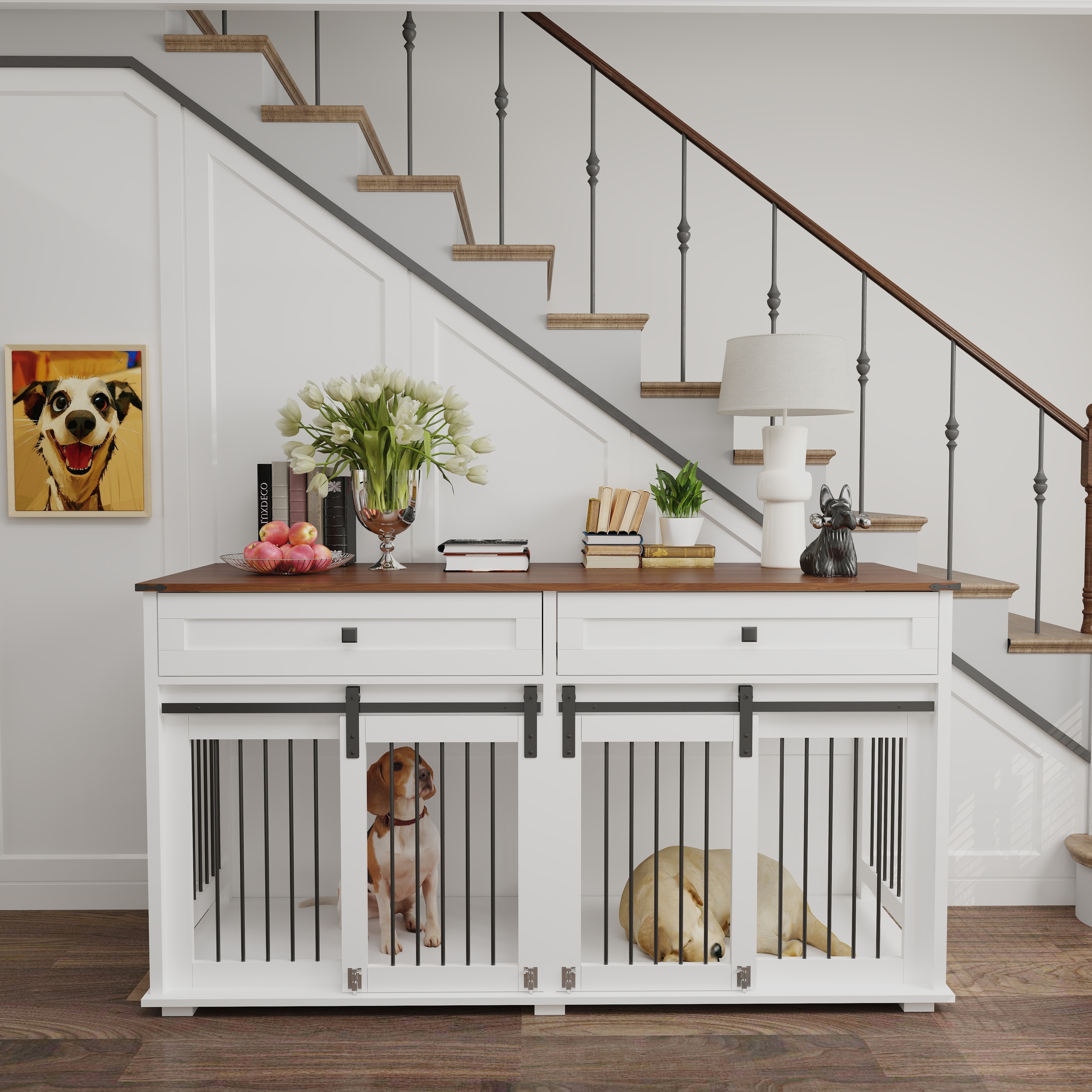 63"Large Dog Crate for Double Dog,Wooden Dog Kennel with 2 Drawers,Divider and Sliding Door,Water Resistant Indoor Pets