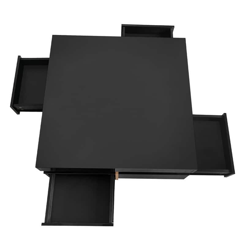 Modern Square Coffee Table with 4 Drawers, High Gloss Cocktail Tea Table with Wood Grain Legs, Accent Center Table