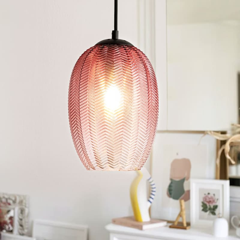 1/3-Light Modern Black Cylinder Colored Textured Gradient Glass Pendant Light for Kitchen Island or Stairway - 1-Light - Red