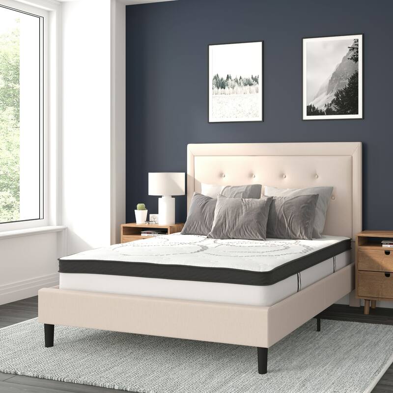 Tufted Platform Bed with 10in. Pocket Spring Mattress - Beige - Full