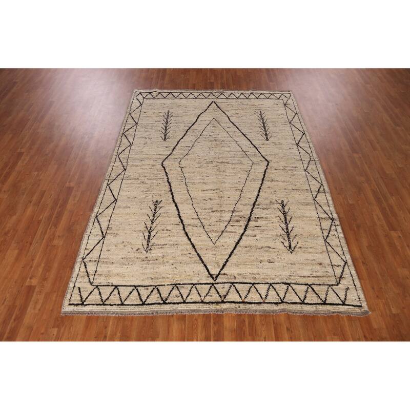 Geometric Grey Moroccan Oriental Area Rug Hand-Knotted Wool Carpet - 6'11" x 9'7"