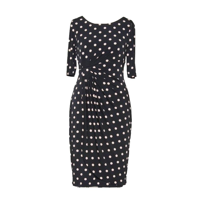 Connected Apparel Polka Dot Faux Wrap Midi Dress - Black & White Polka Dot - 8