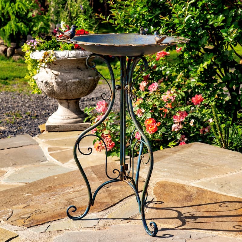 28.75" Tall Ornate Iron Birdbath with 3 Small Birds "Stephania"