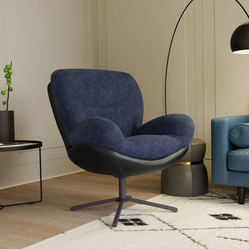 360° Swivel Accent Chair, Modern Chenille Lounge Chair with Faux Leather and Black Metal Base Frame, Comfortable Reading Chair - Black,Navy Blue
