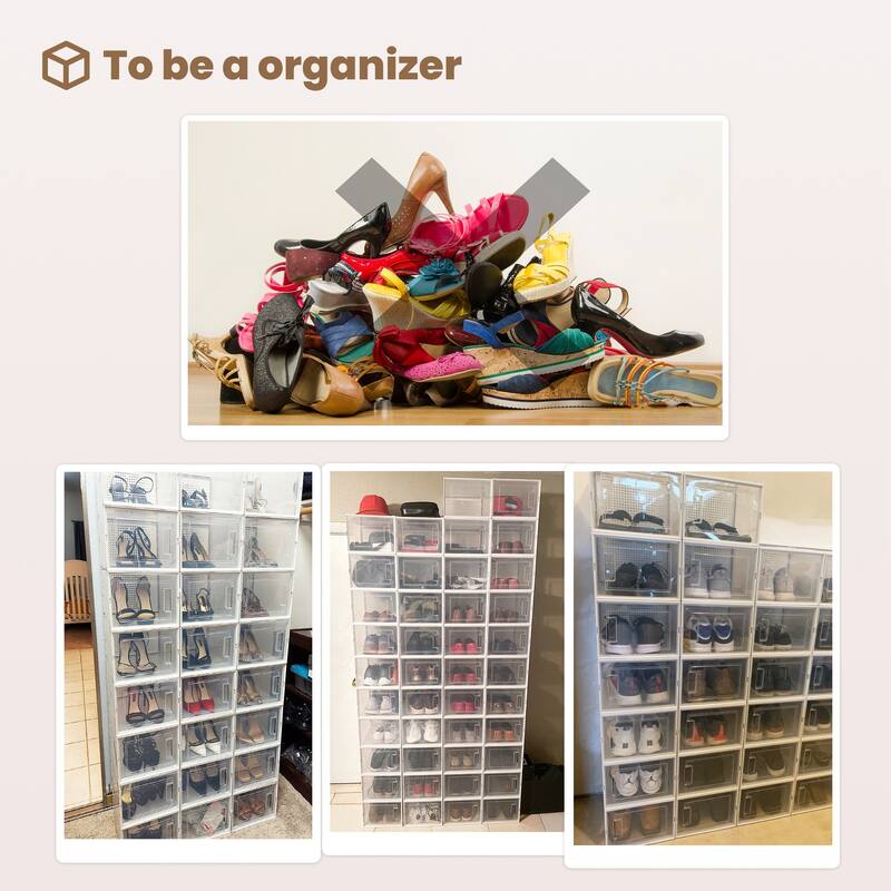 24 Pack Shoe Storage Box, Plastic Foldable Shoe Box, Stackable Clear