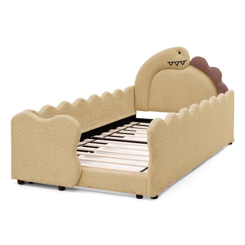 Twin Dinosaur-Shaped Kids Bed with Safety Guardrail - Solid Wood Toddler Bed Frame in Boucle Fabric