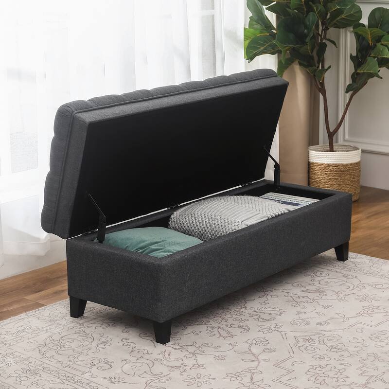 Adeco Linen Rectangle Storage Ottoman for Living Room Bedroom
