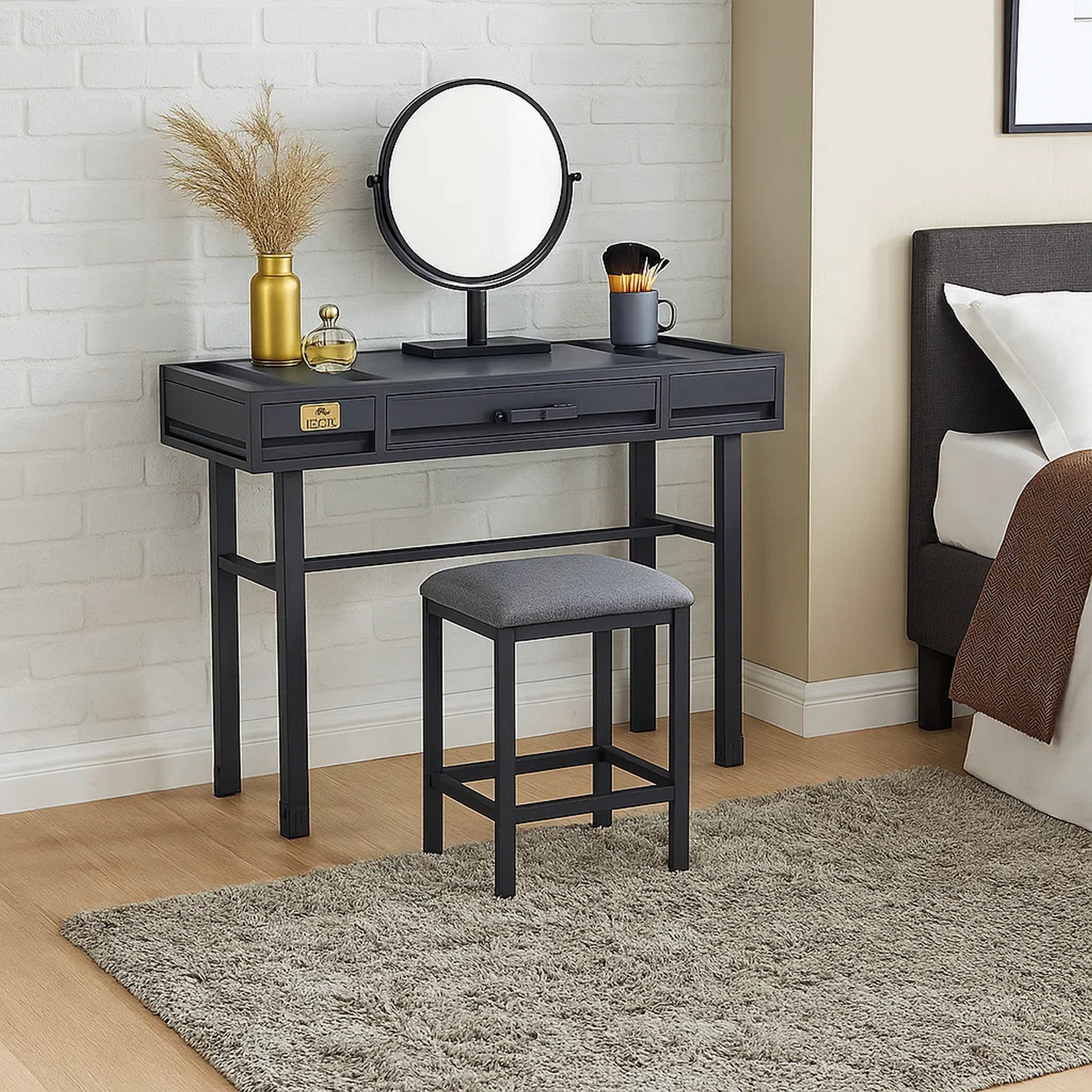 grey vanity dresser Leighton Glam Vanity Desk, Stool and Mirror Combo-COA – X-elence Furniture main image 1