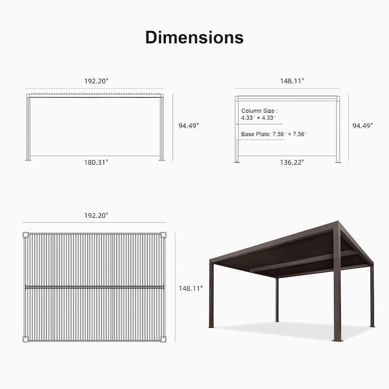 PURPLE LEAF Bronze Louvered Pergola with Adjustable Roof for Deck Backyard Garden Hardtop Gazebo