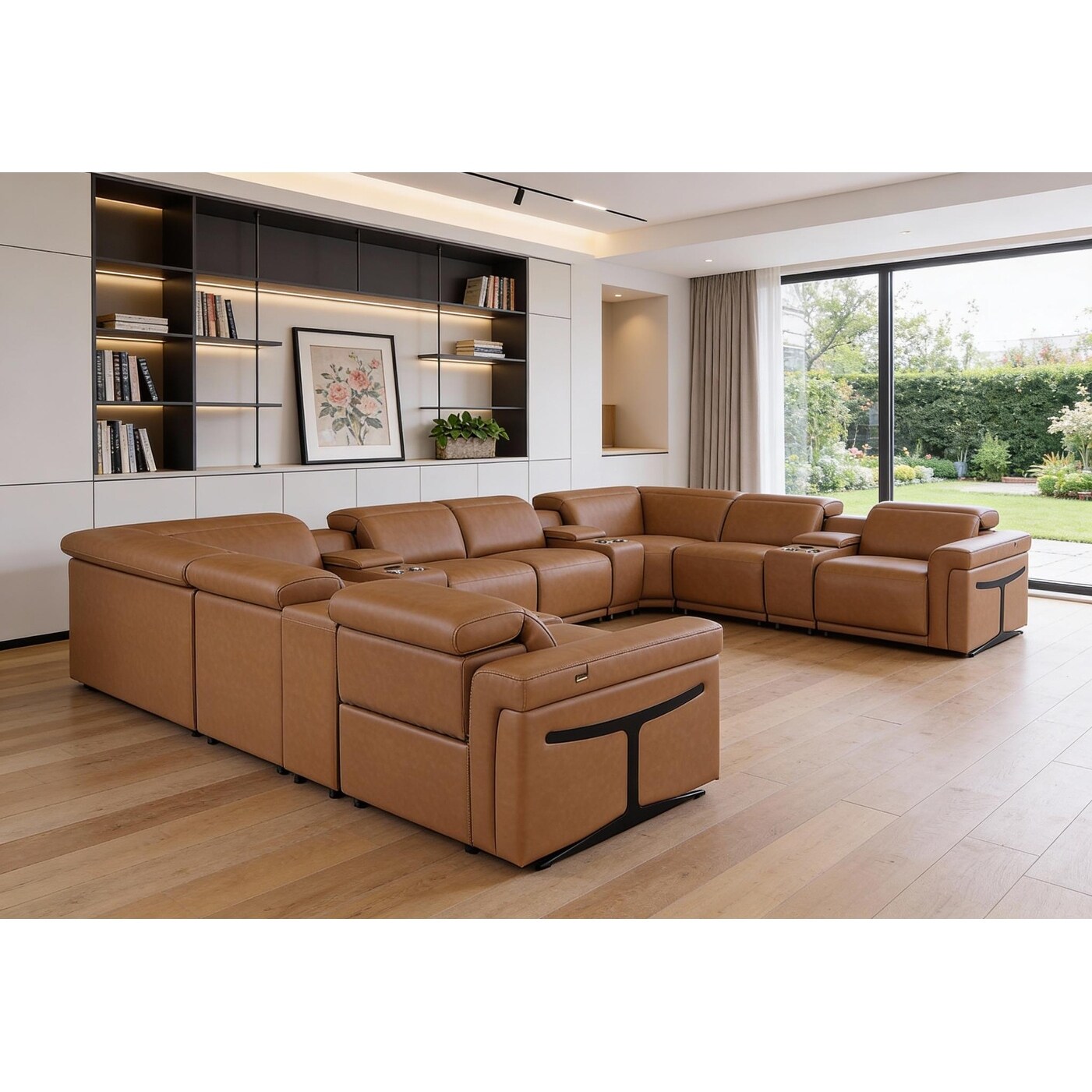 HomeRoots Chestnut Italian Leather Power Reclining U Shaped Twelve Piece Sectional With Console