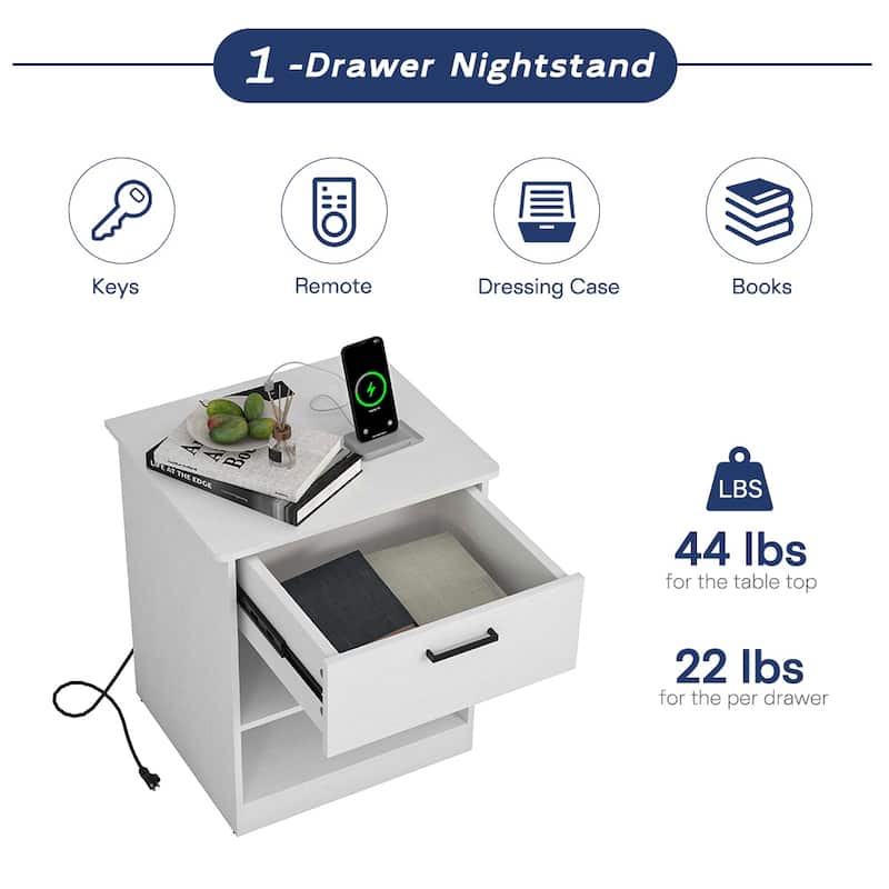 Nightstand with Charging Station,2 USB,Type C,Drawer,Adjustable Shelf