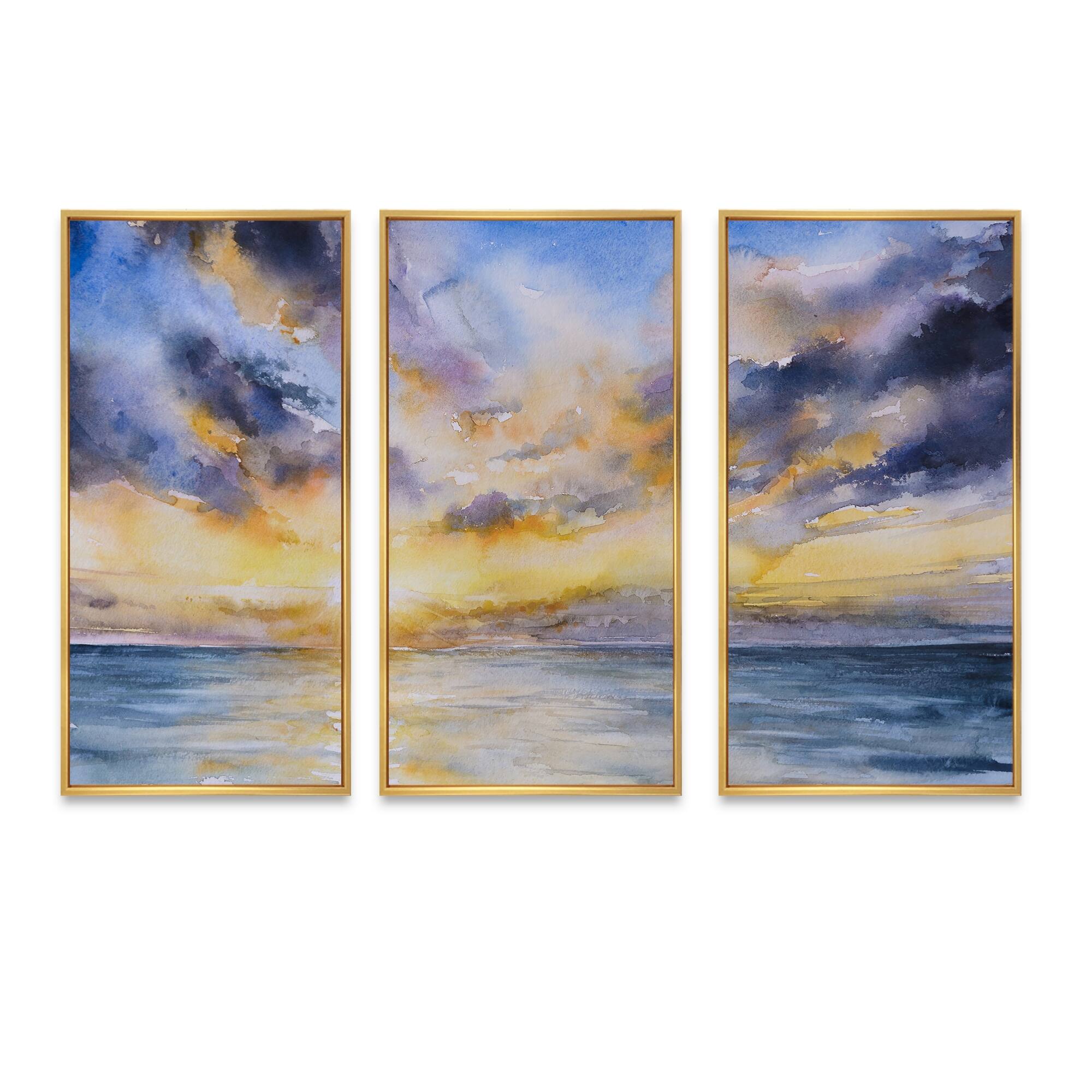 Designart "Yellow Sunset Over Blue Lake" Nautical & Coastal Framed