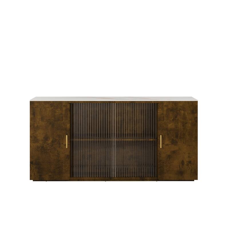 Wooden Sideboard Cabinet Buffet Cabinet with Glass Doors and Granite Top, Storage Cabinet with Dust-Free Display