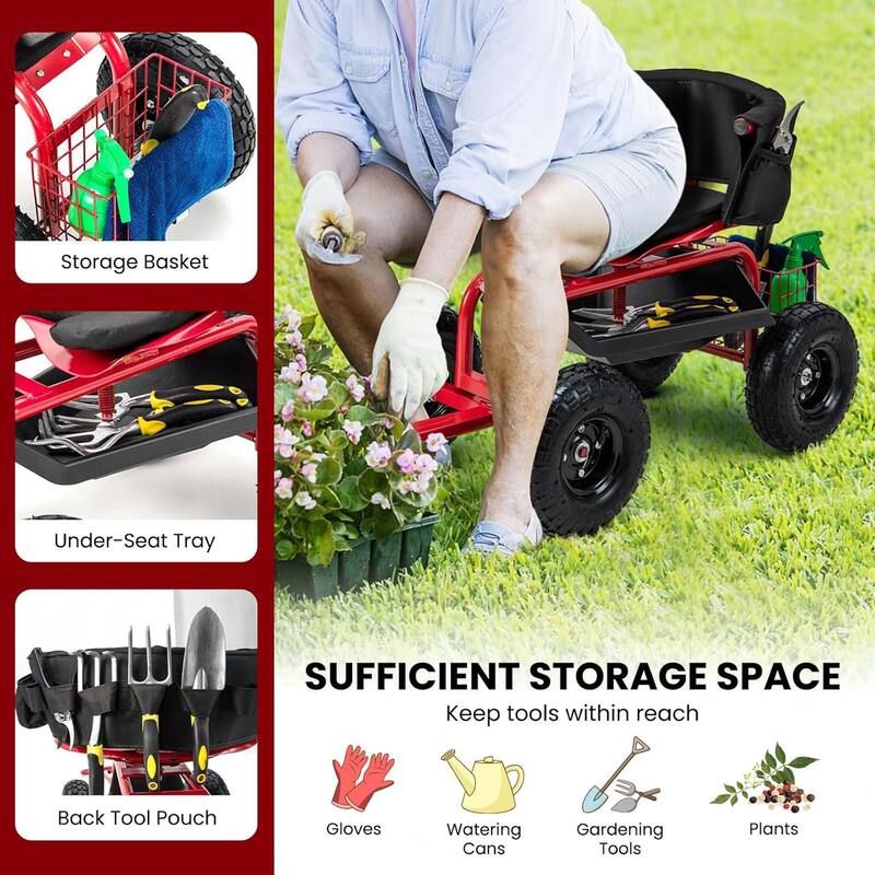 Heavy Duty Wheelbarrow Utility Cart Swivel Seat Garden Wagon Scooter