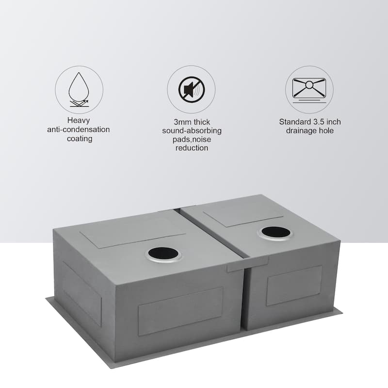 Undermount 16 Gauge Double Bowl Stainless Steel Kitchen Sink in Brushed Nickel - 33'' x 19'' x 9''