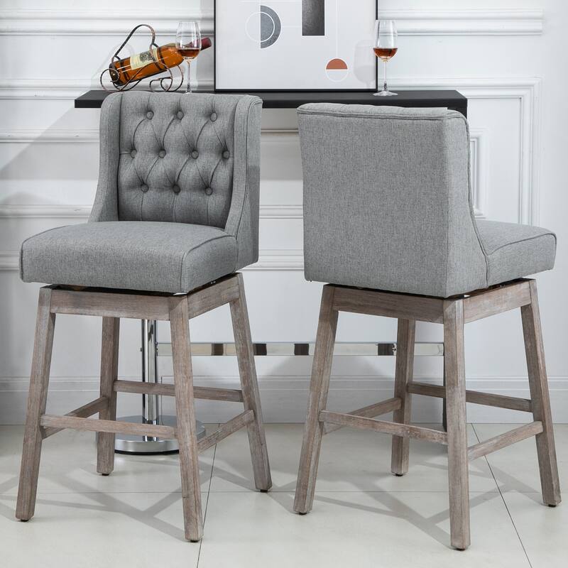 HomCom 2 Piece Swivel Bar Height Chair with Integrated Footrest, Solid Wood Design, and a 180 Degree Rotation, Grey