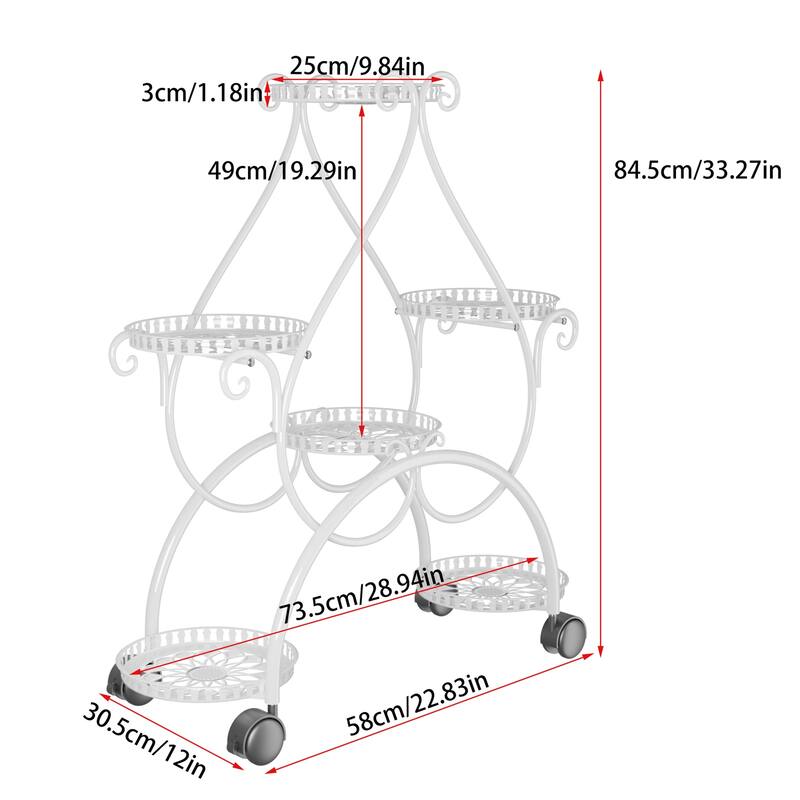 European White 6 Tiers Flower Stand with Rolling Wheels heart-shaped Multi-layer Rack