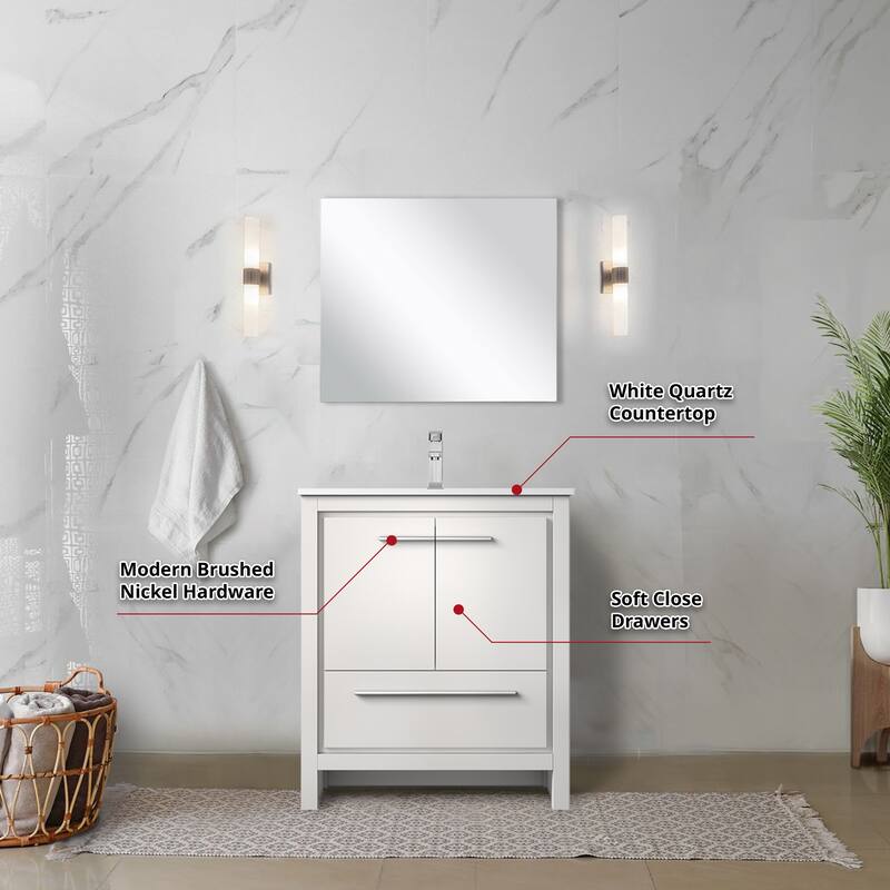 Lafarre Bath Vanity, White Quartz Top, Chrome Faucet Set and Mirror