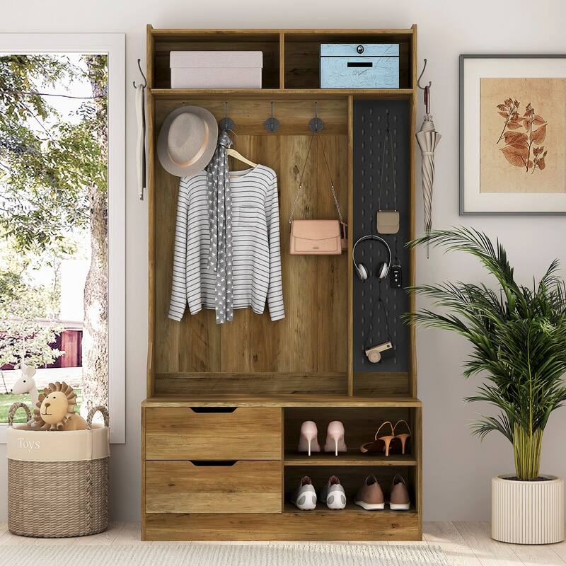 Modern Coat Rack Stylish Hallway Rack with Shoe Bench Storage Compartment 6 Hooks, Storage Bench, for Entryway, Hallway, Brown