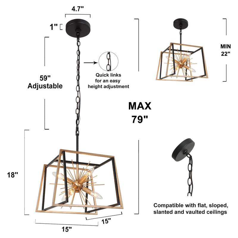 Modern Farmhouse 6-Light Black Gold Sputnik Chandelier Geometric Island Lights for Kitchen