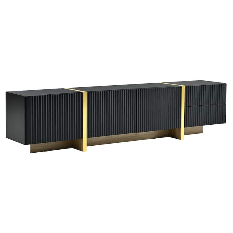 Black 74.7" TV Stand with Storage Cabinets, Drawers and Golden Wood Grain Legs for TVs Up to 80"