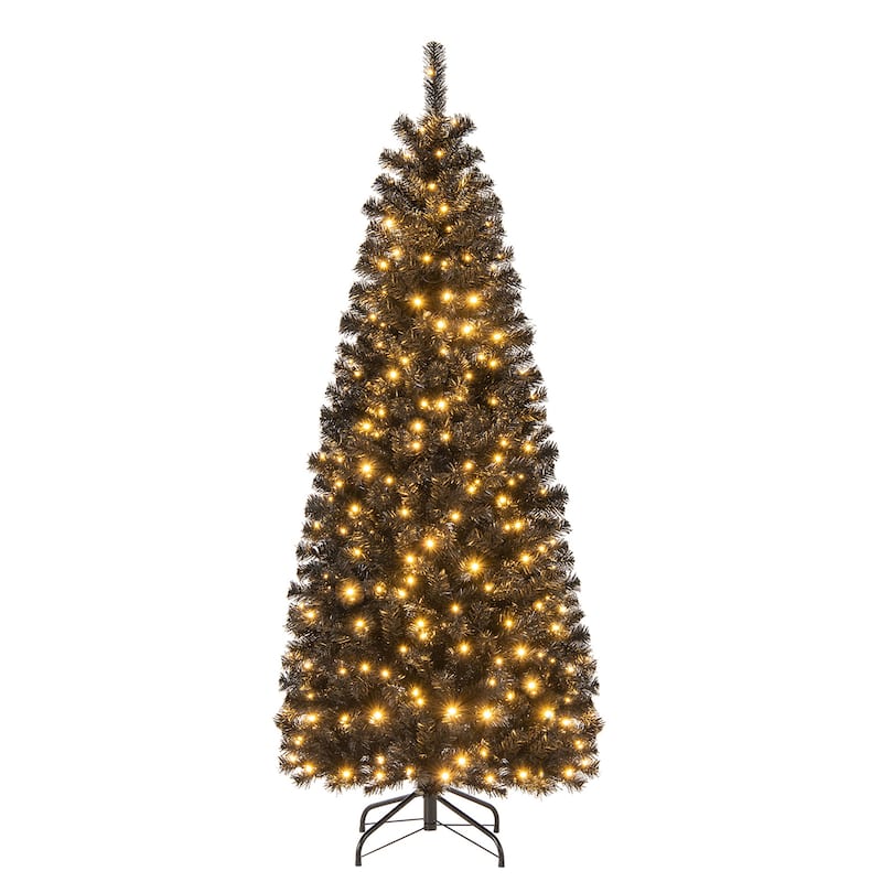 Gymax 6/7 FT Pre-lit Black Christmas Tree Artificial PVC Slim Pencil - See details