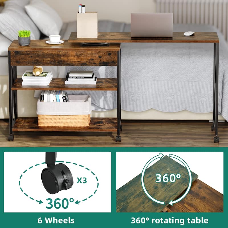 Moasis Rotating Wheeled Sofa Side Table with Drawer 2-Tier Storage Shelves
