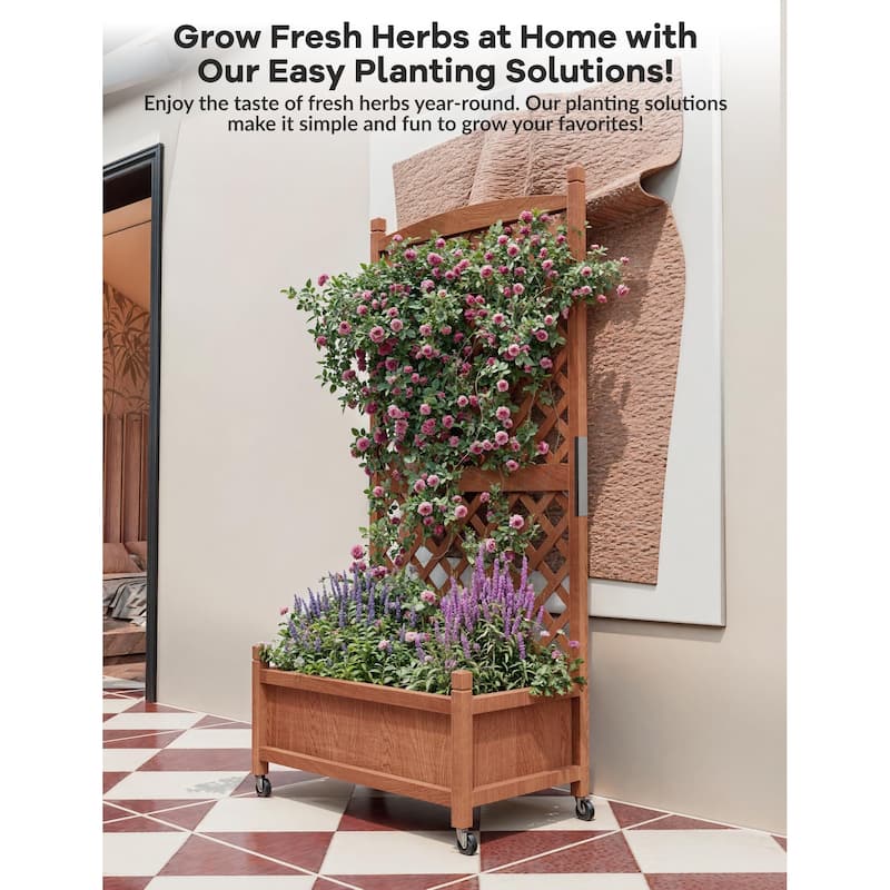 Wood Raised Garden Bed with Adjustable Trellis & Wheels