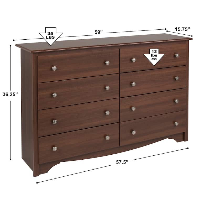 Prepac Sonoma 8 Drawer Double Dresser for Bedroom, Wide Chest of Drawers, Traditional Bedroom Furniture