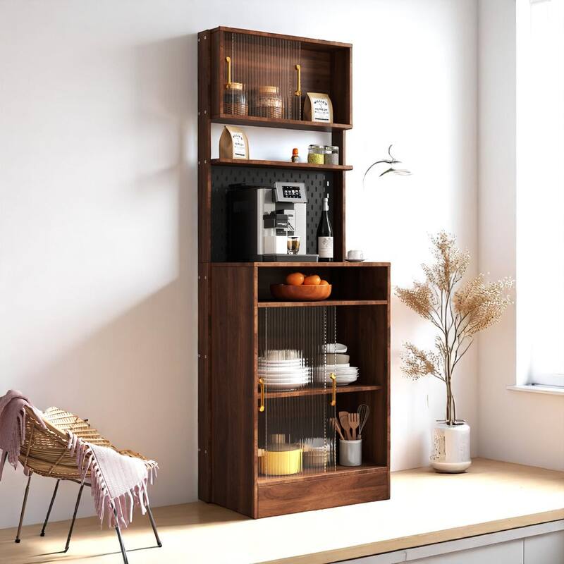 Freestanding Kitchen Sideboard with 2 Sliding Glass Doors, Countertop Storage Cabinet for Coffee and Wine - Walnut
