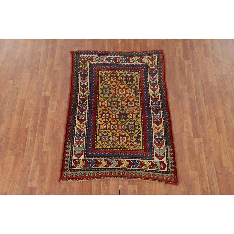 Pre-1900 Antique Kazak Vegetable Dye Rug Hand-Knotted Wool Carpet - 3'7" x 5'2"