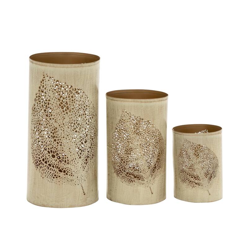 Metal Leaf Decorative Indoor Outdoor Candle Lantern with Gold Interior - Set of 3 Gold or Copper - Roche River Decor