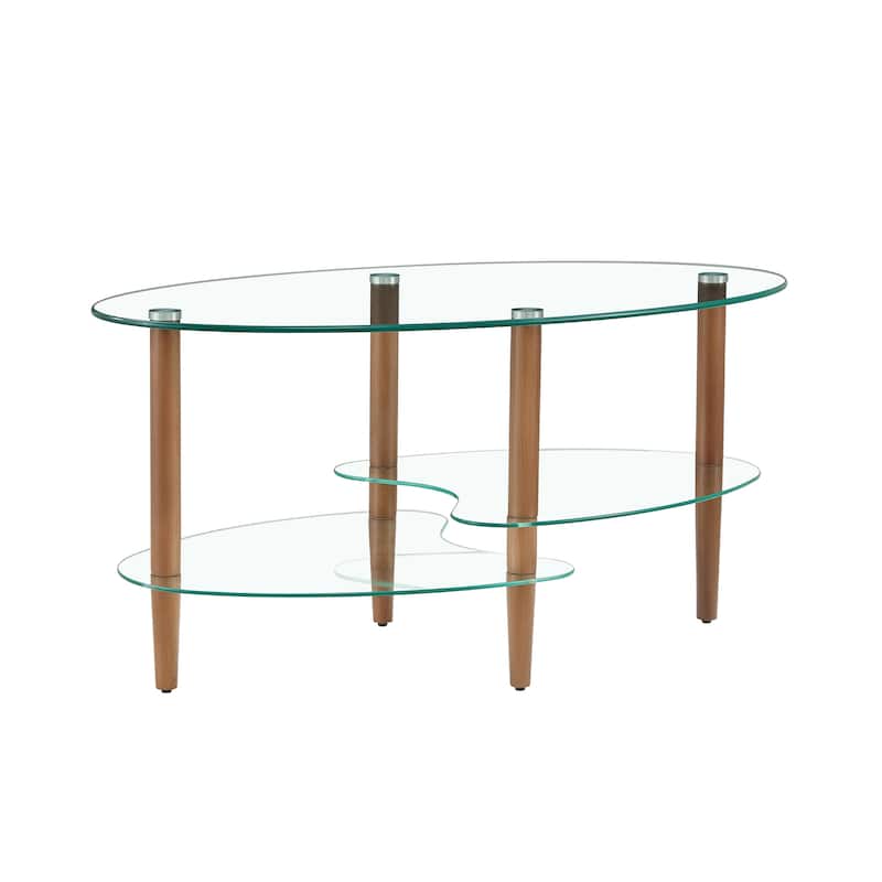 Oval glass coffee table, modern table in living room Oak wood leg tea table glass table