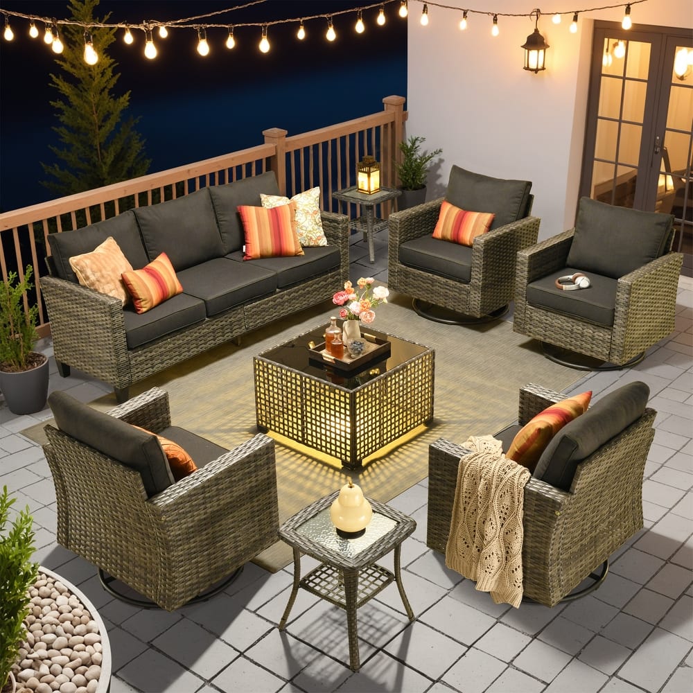 OVIOS 8 Pieces Outdoor Swivel Chair Set with Solar-Powered Table