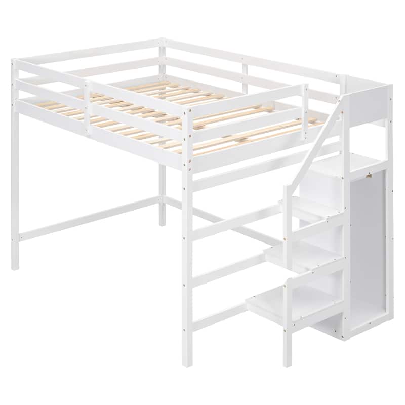 Full Size Loft Bed with Built-in Wardrobe Closet, Storage Staircase, Solid Pine Frame, Space-Saving Design