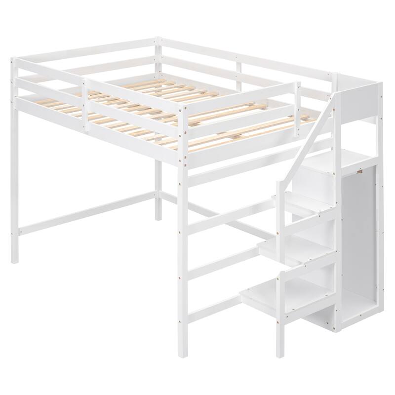 Full Size Pine Loft Bed with Storage Wardrobe & Multi-Functional Staircase (350lb Capacity)