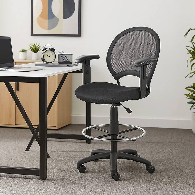Rea Drafting Stool Chair, Adjustable Arms, Black Mesh, Chrome Footring