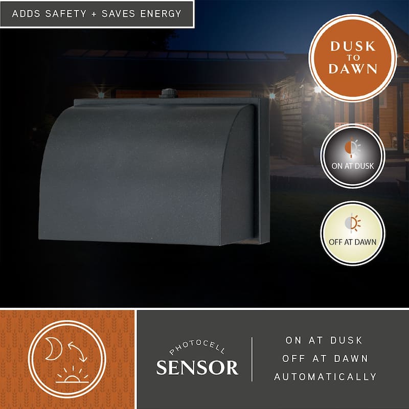 Walsh 4.75 in. H 1-Light Warm Brass Dusk to Dawn Modern Outdoor Wall Sconce, Metal Shade, Dark Sky, Wall Mount Fixture