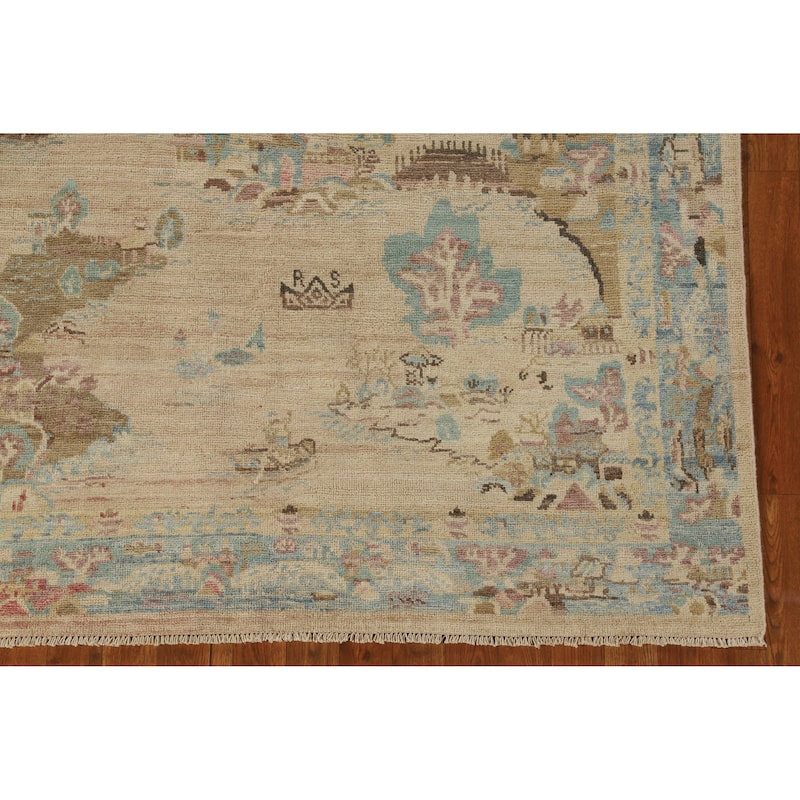 Beige Art Deco Turkish Runner Rug Handmade Wool Carpet - 4'10" x 14'1"
