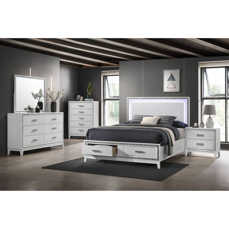 White Queen Bed with Storage from the Haiden Collection LEDLighted