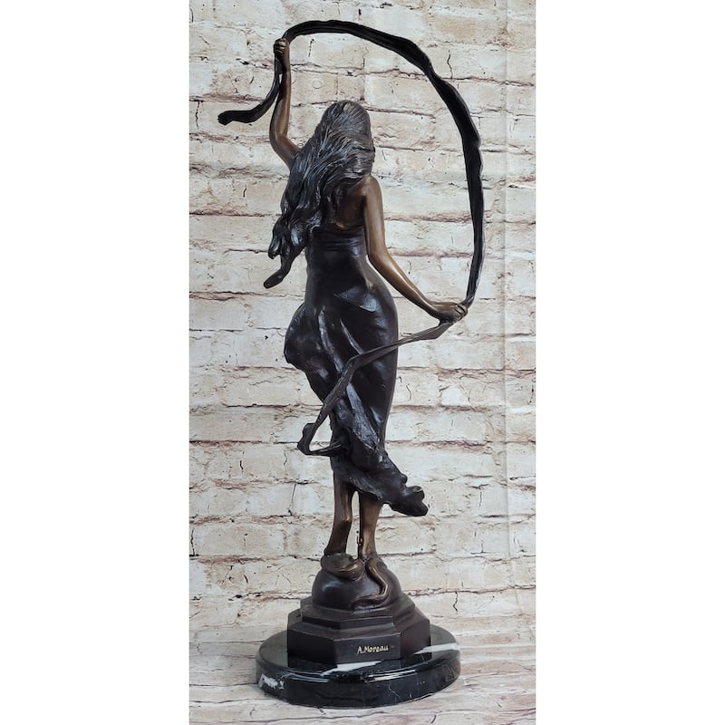Signed Moreau Beauty Ribbon Dancer Bronze Sculpture Marble Base Statue Figurine