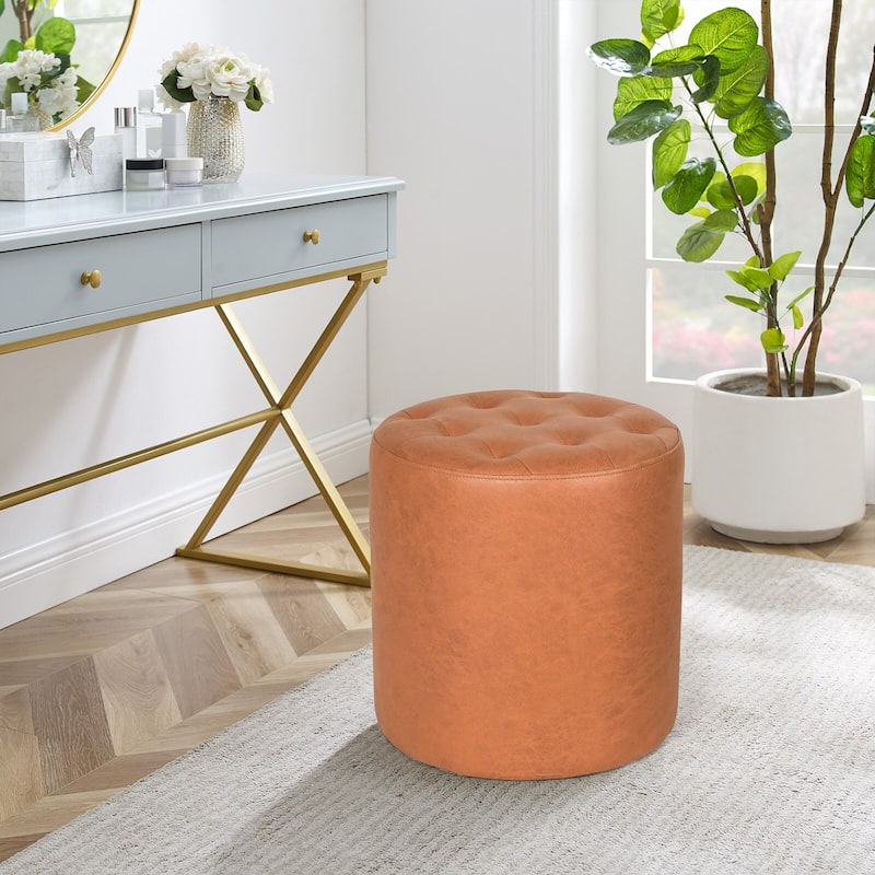 Adeco Round Ottoman Upholstered Tufted Faux Leather Footrest - Orange - Medium