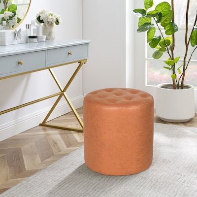 Adeco Round Ottoman Upholstered Tufted Faux Leather Footrest Orange