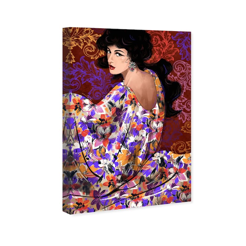 Wynwood Studio Fashion and Glam Elegant Floral Gown Purple and Maroon Modern & Contemporary Wall Art Canvas Print